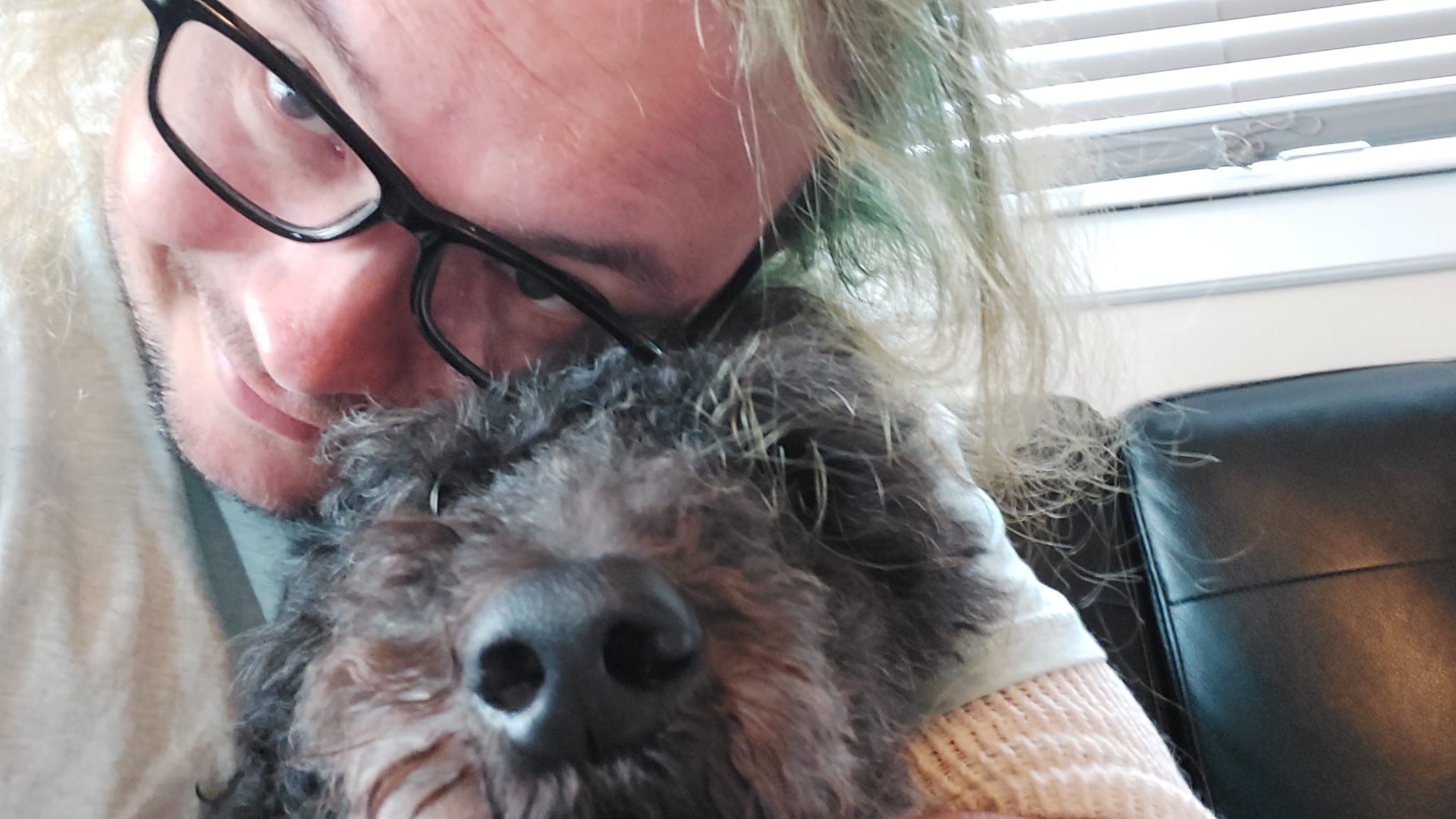 A man with long green hair wearing a light blue shirt hugs a black standard poodle on a couch